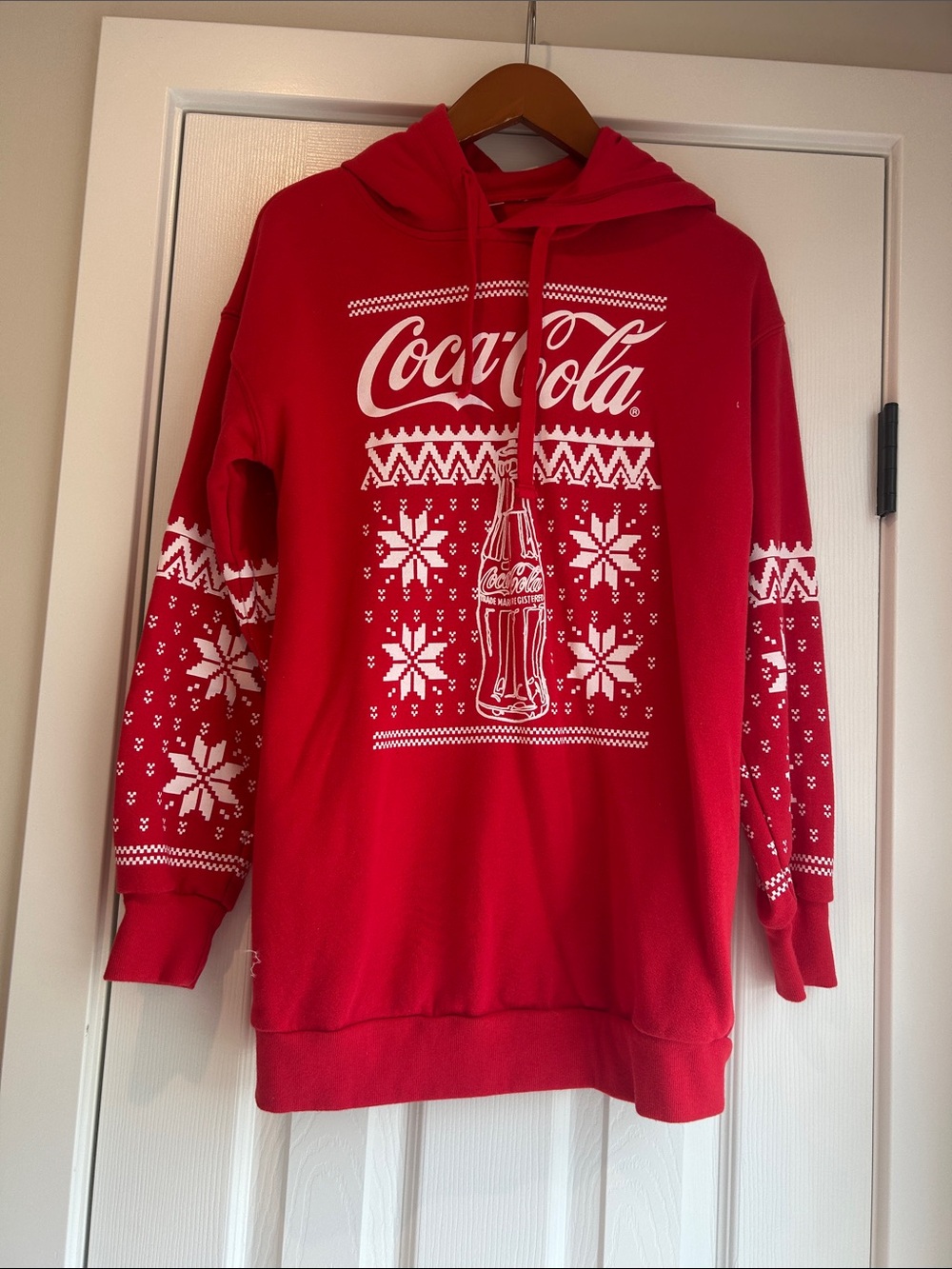 Coca-Cola Red Pullover Hoodie Dress with White Holiday Graphics